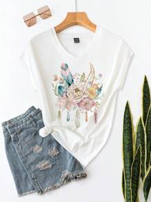 SHEIN LUNE Áo thun nữ kiểu cổ điển kiểu phương Tây đơn giản thiết kế đơn giản cổ chữ V Slim Fit, thích hợp cho mùa hè - trắng - Xem 1