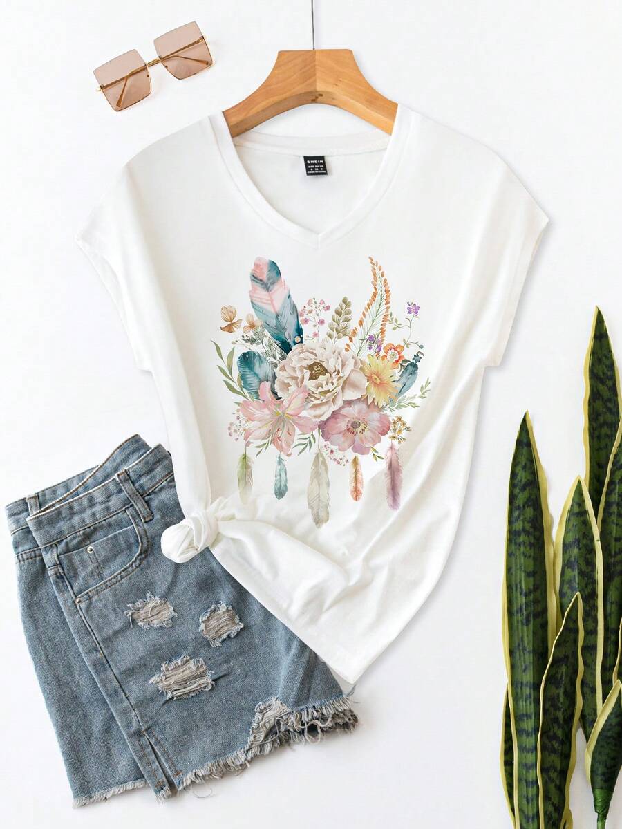 SHEIN LUNE Áo thun nữ kiểu cổ điển kiểu phương Tây đơn giản thiết kế đơn giản cổ chữ V Slim Fit, thích hợp cho mùa hè - trắng - Xem 1