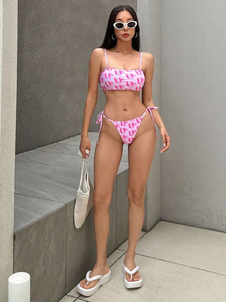 2pcs Pink Letter Print Bikini Set With Side Tie Bottom For Summer Beach Vacation,Tankini Bathing Suit