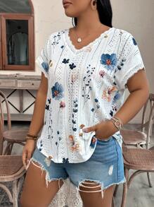 SHEIN VCAY Women Plus Size Boho Floral Printed Lace Trim Summer T-Shirt
