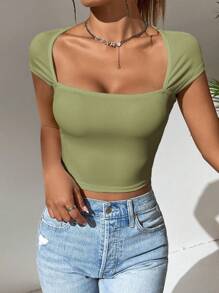 SHEIN EZwear 夏季休閒實色修身短袖腰部截斷T卹 - 軍綠色 - 查看 5