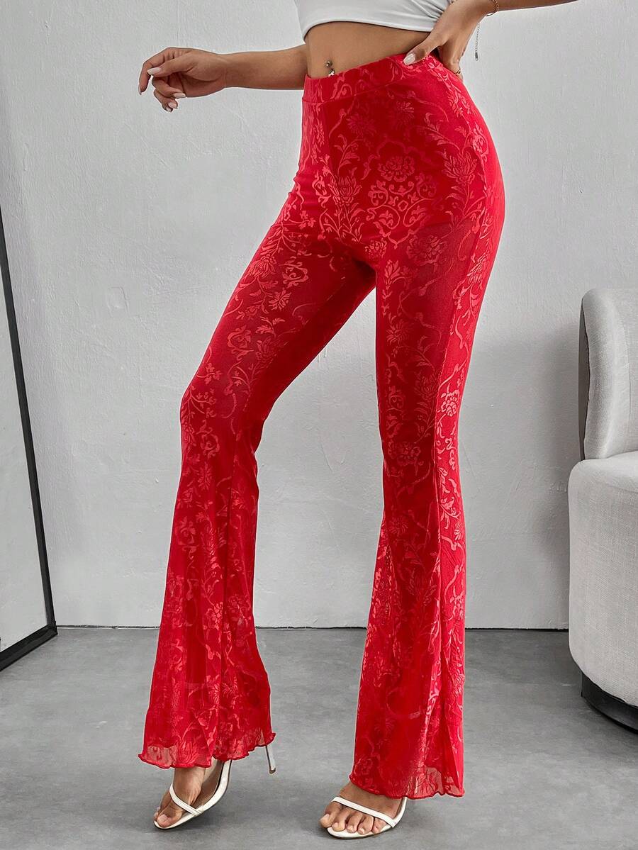 SHEIN PETITE 女性優雅花卉深色條紋喇叭褲 - 紅色 - 查看 1