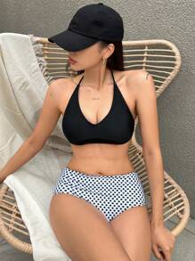 DAZY 2 件波尔卡圆点印花吊带三角文胸和比基尼泳裤套装，夏季海滩度假泳装，Tankini 泳衣