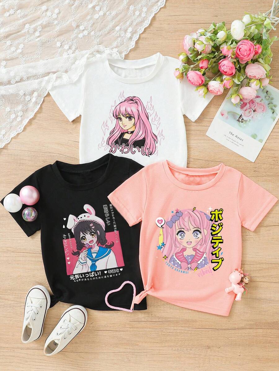 SHEIN 少女三件套，可愛的日式卡通印花T恤，充滿活力的女孩 - 彩色 - 查看 1