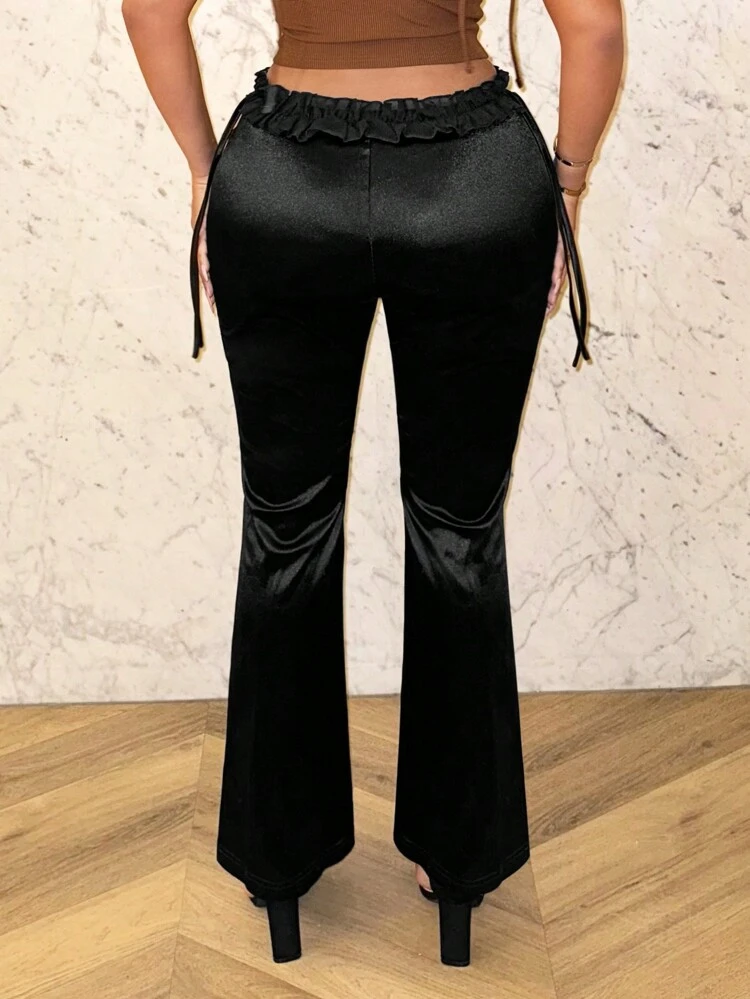 Summer Cute Satin Spring Holiday Mother Day Black Casual Party Sexy And Elegant Flared Trousers With Ruffle Hem Pants Bottom For Women