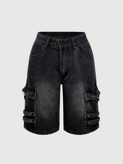Grunge Punk Shorts Bermuda en denim déchiré punk unisexe avec poches latérales à clip et décoration de rivets pour femmes