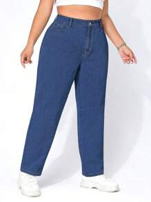 Quần Denim kích thước lớn Nút Túi Dây kéo màu trơn - Rửa trung bình - Xem 5