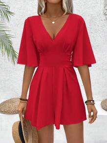 Breezaya 女士时尚纯色喇叭袖连体裤新年衣服 - 紅色 - 查看 3