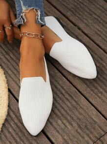 Women's Flat Shoes: Knitted Breathable Mesh Flat Shoes, Elegant Striped Embroidered Round Toe Dress Shoes, Slip-On Casual Shoes In Black, White, Beige, Military Green