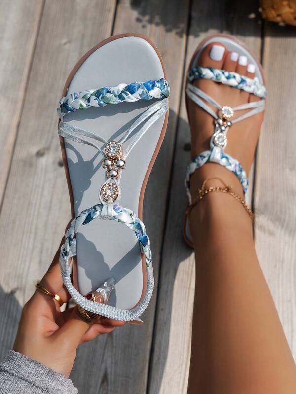 Beige Women's Sandals, Flat Cross Strap Open Toe Casual Shoes, Non-Slip, Vacation Style, Woven Pattern Random Bohemian Tassel Outdoor Sandals