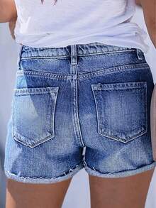 European And American Distressed Rolled Hem Denim Shorts, Spring/Summer - Dark Wash - View 2