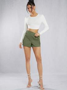 Hauture Women's Casual Solid Color Cargo Shorts - Olive Green - View 5