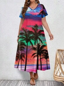 SHEIN Holidaya 大尺碼女性夏季度假棕櫚樹印花 V 領短袖長裙優雅連衣裙 - 中紫紅色 - 查看 3