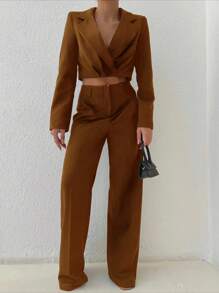 EURMUSE 前單扣西裝領短版西裝和斜口袋長褲 - 棕色 - 查看 2