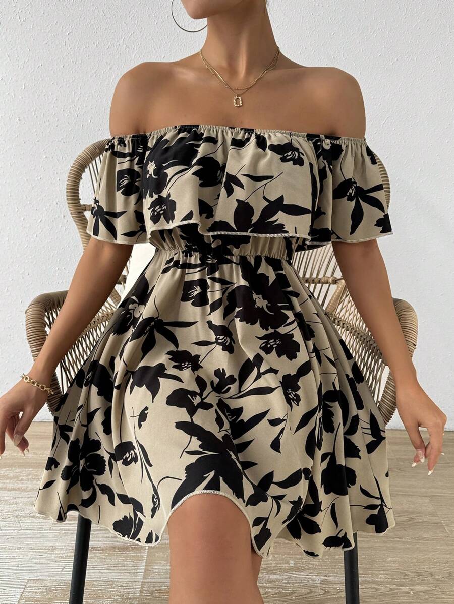 SHEIN LUNE Women Fashionable Off-Shoulder Dress With Floral Pattern And Ruffled Hem - Khaki - View 1