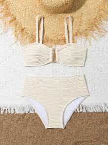 Tween Girl Fashionable Summer Solid Textured Bikini Set Summer Beach