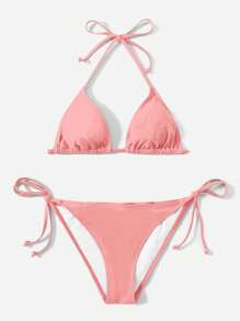 SHEIN Swim 女性夏季海灘時尚純色頸後比基尼套裝 - 藕粉色 - 查看 1