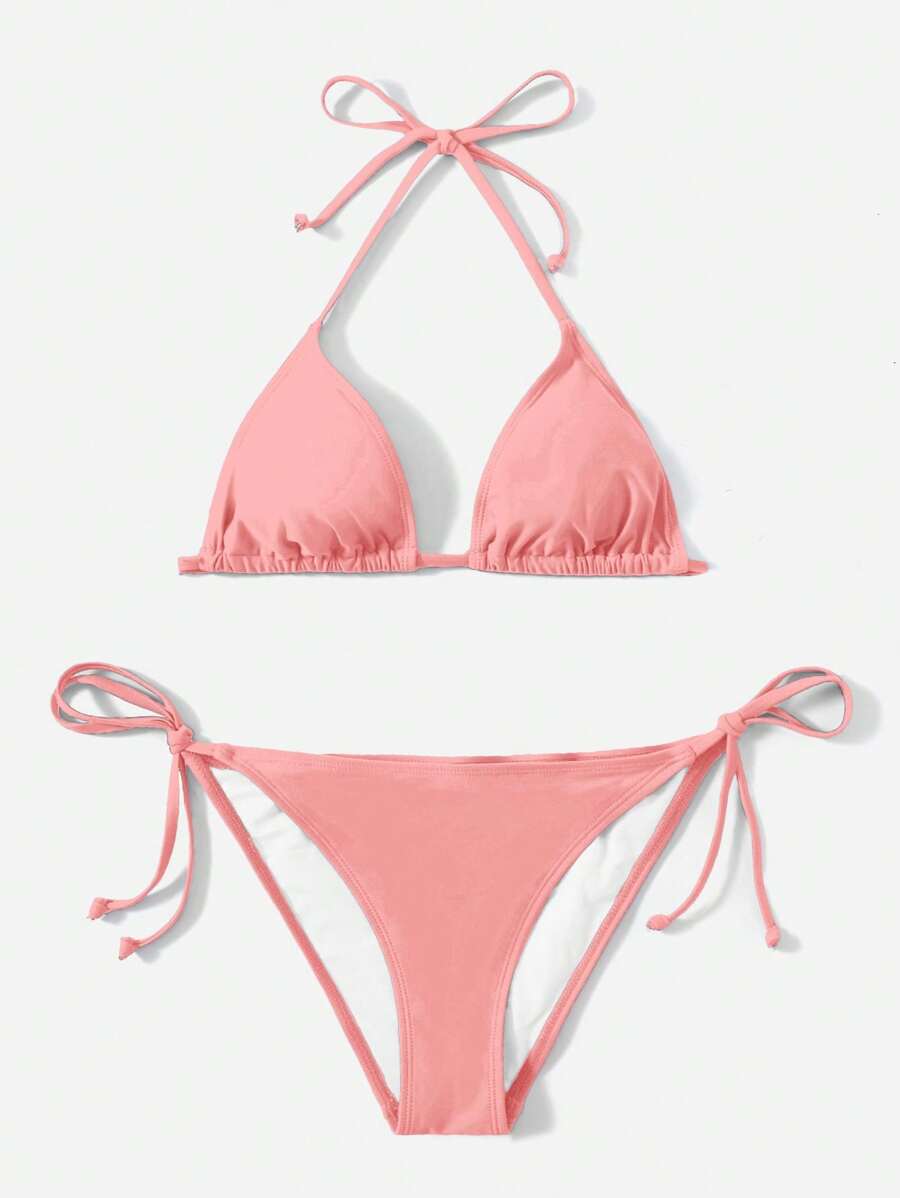SHEIN Swim 女性夏季海灘時尚純色頸後比基尼套裝 - 藕粉色 - 查看 1