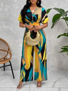 SOLERSUN Graphic Print Batwing Sleeve Belted Jumpsuit With Random Pattern - Yellow - View 6