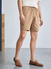 Manfinity VCAY Pantaloncini casual quotidiani colorati in tinta unita da uomo, semplici e tessuti - Cammello - Visualizzare 1