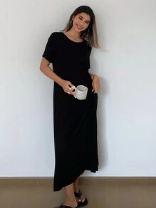Livesso Knit Plain Simple And Soft Household Lounge Dress With Beautiful Back Design, Moo Moo Pajama - Black - View 2