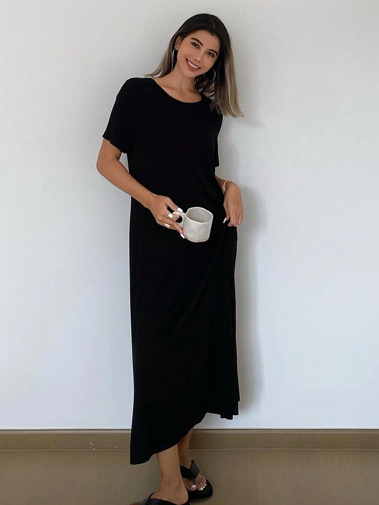 Knit Plain Simple And Soft Household Lounge Dress With Beautiful Back Design, Moo Moo Pajama