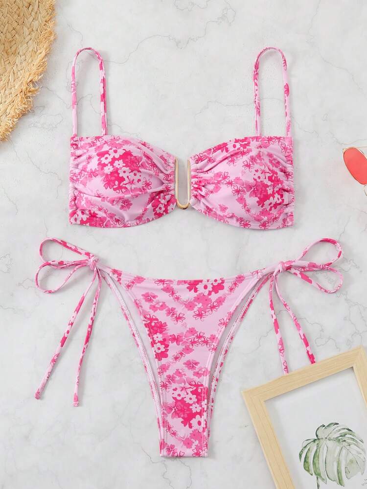 Women's Vacation Floral Round Buckle Lace-Up Thong Bikini Set, Sexy & Fashionable Two Pieces Bikini Set,Summer Beach