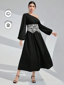 Modelyn Asymmetrisches Blume Muster Kleid für Damen mit Lanternenärmeln und geraffter Taille