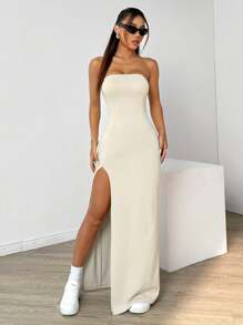 SHEIN EZwear Đầm Bodycon xẻ đùi màu trơn cho nữ - Màu be - Xem 4