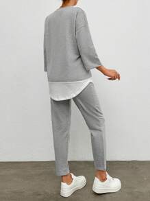 EURMUSE Drop Shoulder 2 In 1 Tee & Seam Detail Pants - Light Grey - View 2