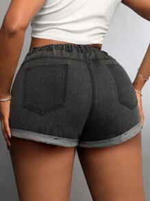 SHEIN SXY Plus Size Elastic-Free Stylish Distressed Folded Hem Denim Shorts
