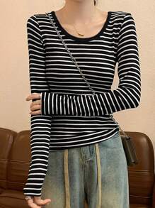 Colorblock Striped Casual Women T-Shirt - Black - View 1