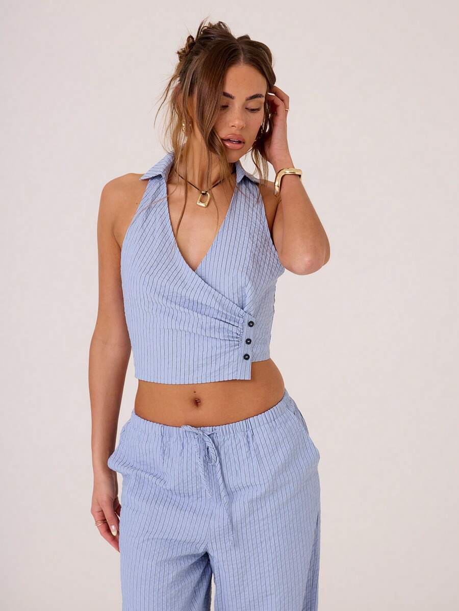 MUSERA Striped Woven Collared Button Detail Crop Tank Top Going Out Tops - Blue - View 1