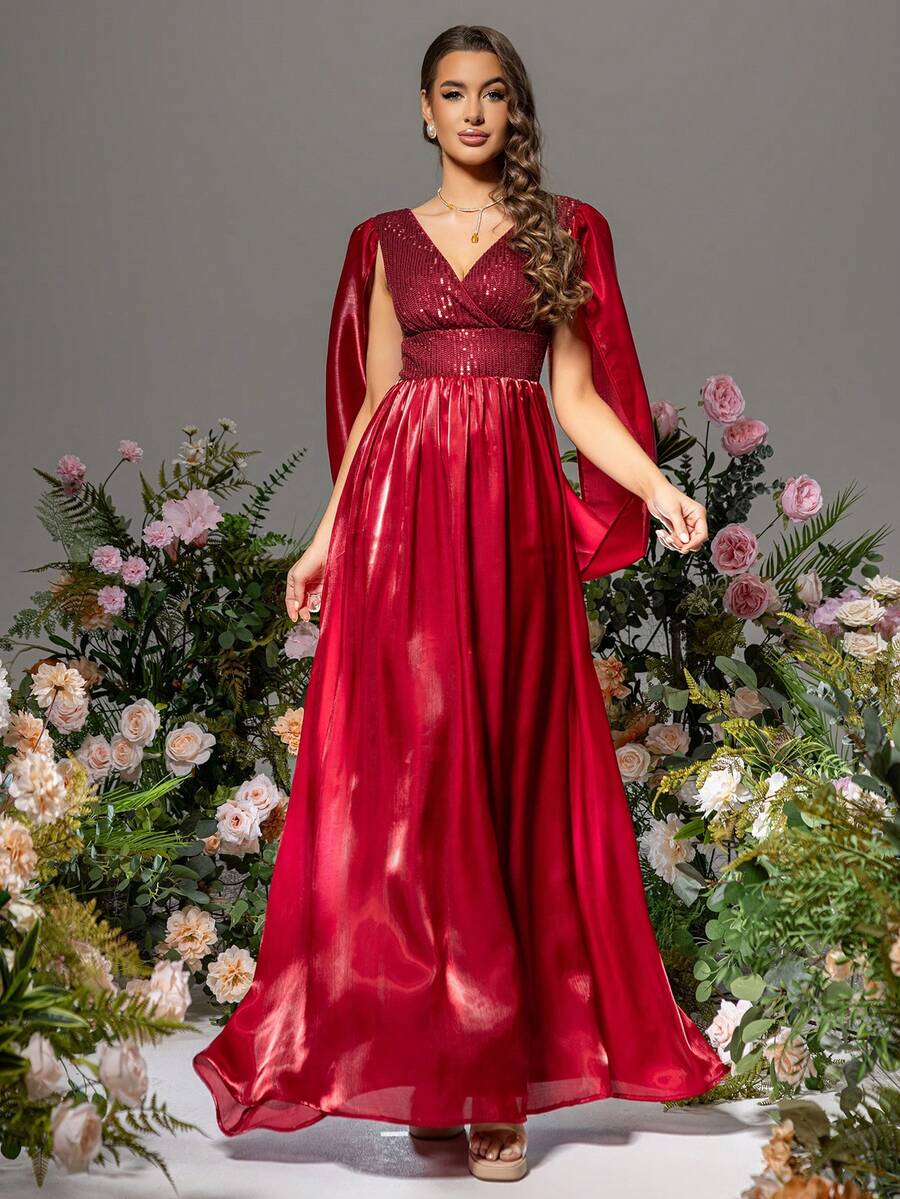 LOVE&LEMONADE Ladies Fashionable Splendid V-Neck Burgundy Dress - Burgundy - View 1