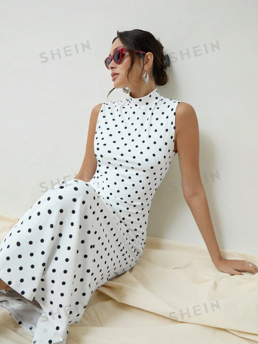 COSMINA Elegante vestido largo de mujer con estilo de antiguo dinero, de cuello alto, sin mangas, con estampado de lunares y cola de pez, para primavera/otoño