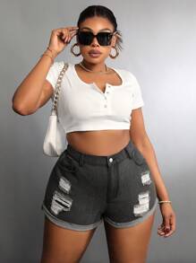 SHEIN SXY Plus Size Elastic-Free Stylish Distressed Folded Hem Denim Shorts
