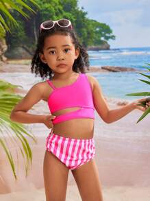 SHEIN 年轻女孩可爱条纹不对称领无袖比基尼套装夏季海滩 - 彩色 - 查看 7