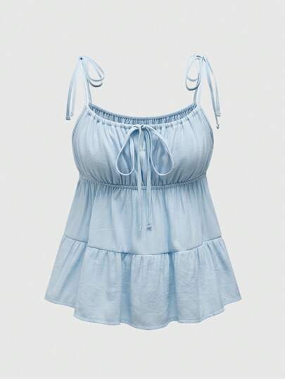 Kawaii Top tipo baby doll de mujer con volantes en el bajo, ajuste holgado y cordones delanteros en unicolor para verano