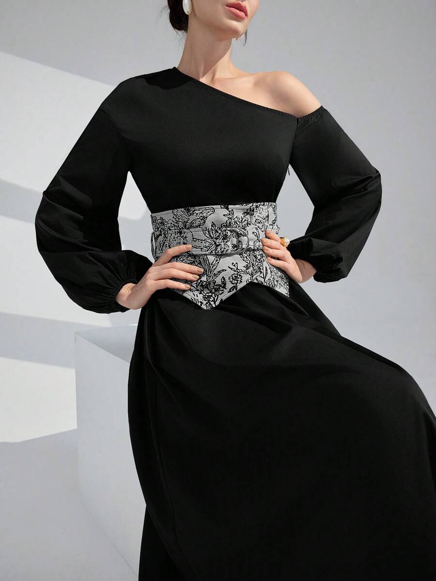 Modelyn Asymmetrisches Blume Muster Kleid für Damen mit Lanternenärmeln und geraffter Taille