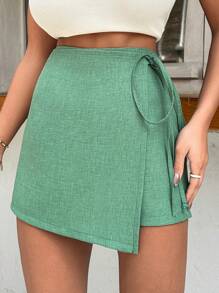 EURMUSE Women Green Linen Mini Skort 150 - Green - View 1