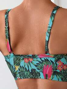 SHEIN Swim Bộ bikini in hình cây nhiệt đới dành cho nữ nhiệt đới cho kỳ nghỉ - Màu xanh lam - Xem 4