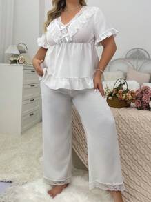 Plus Size Lace Splicing V-Neck Drawstring Short Sleeve Long Pants Pajama Set