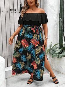 SHEIN VCAY 夏季大碼女士花卉印花露肩洋裝，褶邊下擺設計 - 彩色 - 查看 5