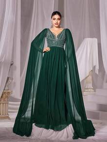 Faeriesty Rhinestone Detail Extra-Long Sleeves Chiffon Formal Dress - Dark Green - View 3