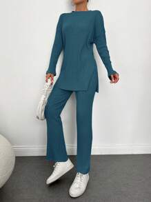 Cloudara Solid Drop Shoulder Tee & Pants - Olive Green - View 3