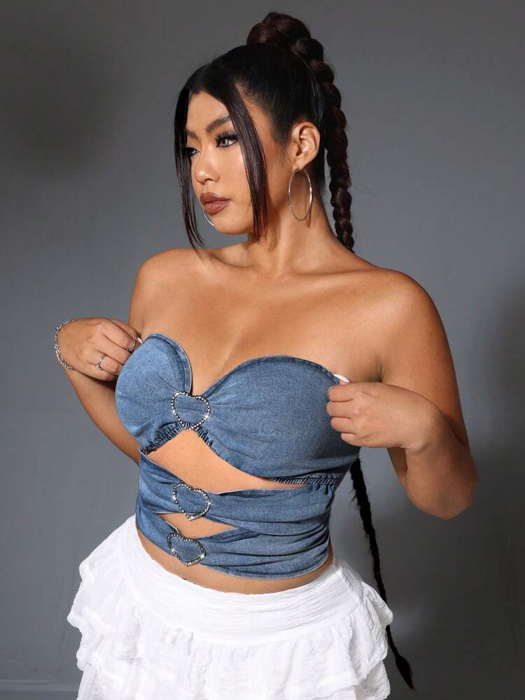 Fashionable Denim Top For Plus Size Women With Diamond Heart Decorated Bodice