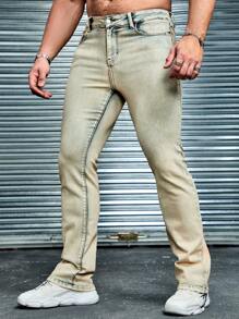 Manfinity Homme Men Vintage Denim Snowflake Bleach Dyed Flared Jeans