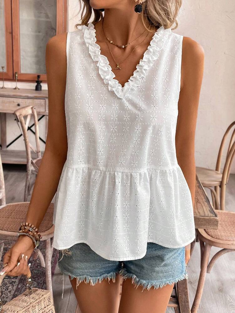 Women Vacation Casual Solid Color Hollow Out Embroidered Tie Backless Sleeveless Blouse Summer White