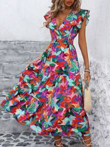 Breezaya 女士花卉印花褶皱腰盖袖度假风格连衣裙超长度假海滩装 - 彩色 - 查看 3