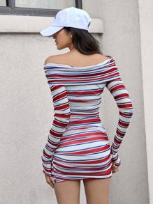 COSMINA Robe moulante plissée décontractée à épaules dénudées style streetwear pour femmes, vintage à blocs de couleurs rouge et bleu rayé pour printemps et été - Multicolore - Voir 2